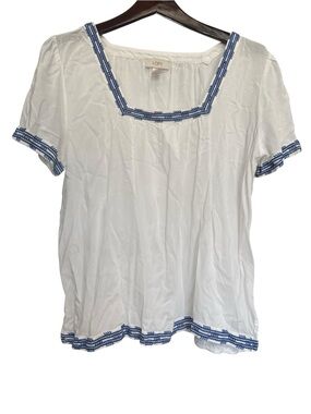 LOFT White Square-Neck Short Sleeve Top with Blue Embroidered Trim